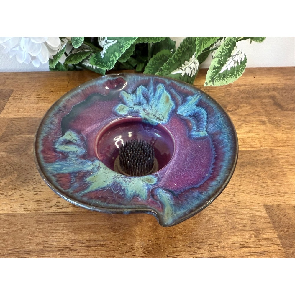Studio Art Pottery Ikebana Flower Frog Bowl – Purple Blue Drip Glaze Signed JB - Picture 3 of 7